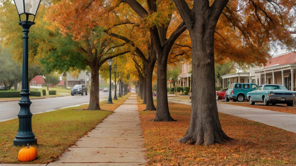 Autumn Tree-Lined Street with Lampposts My Store