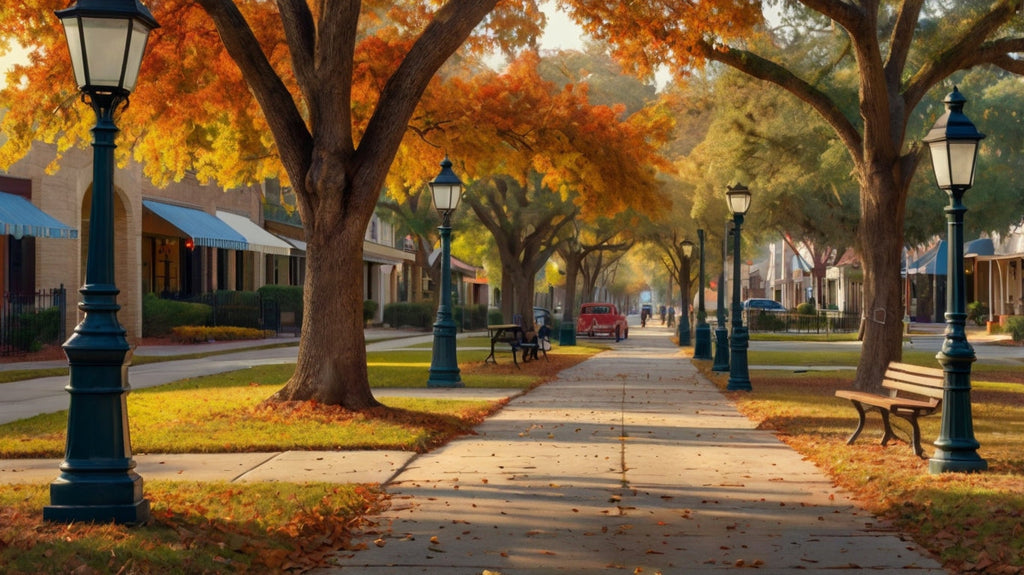 Autumn Tree-Lined Street with Lampposts My Store