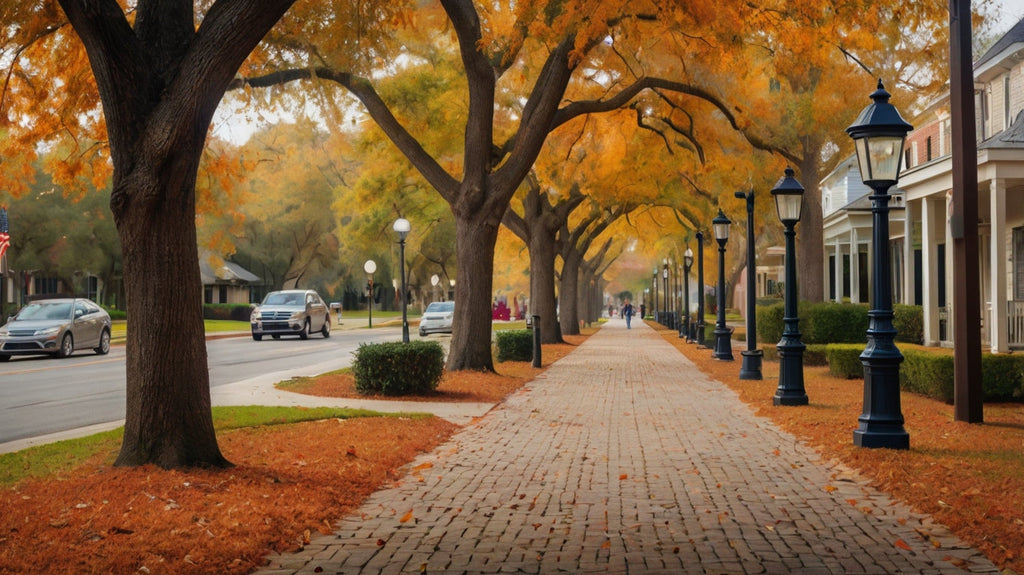 Autumn Tree-Lined Street with Lampposts My Store