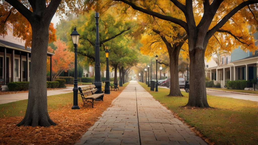 Autumn Tree-Lined Street with Lampposts My Store