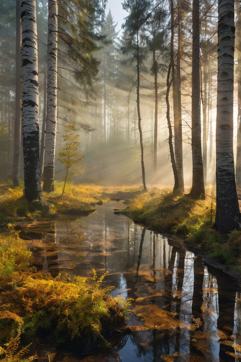 Misty Birch Forest Stream at Dawn My Store
