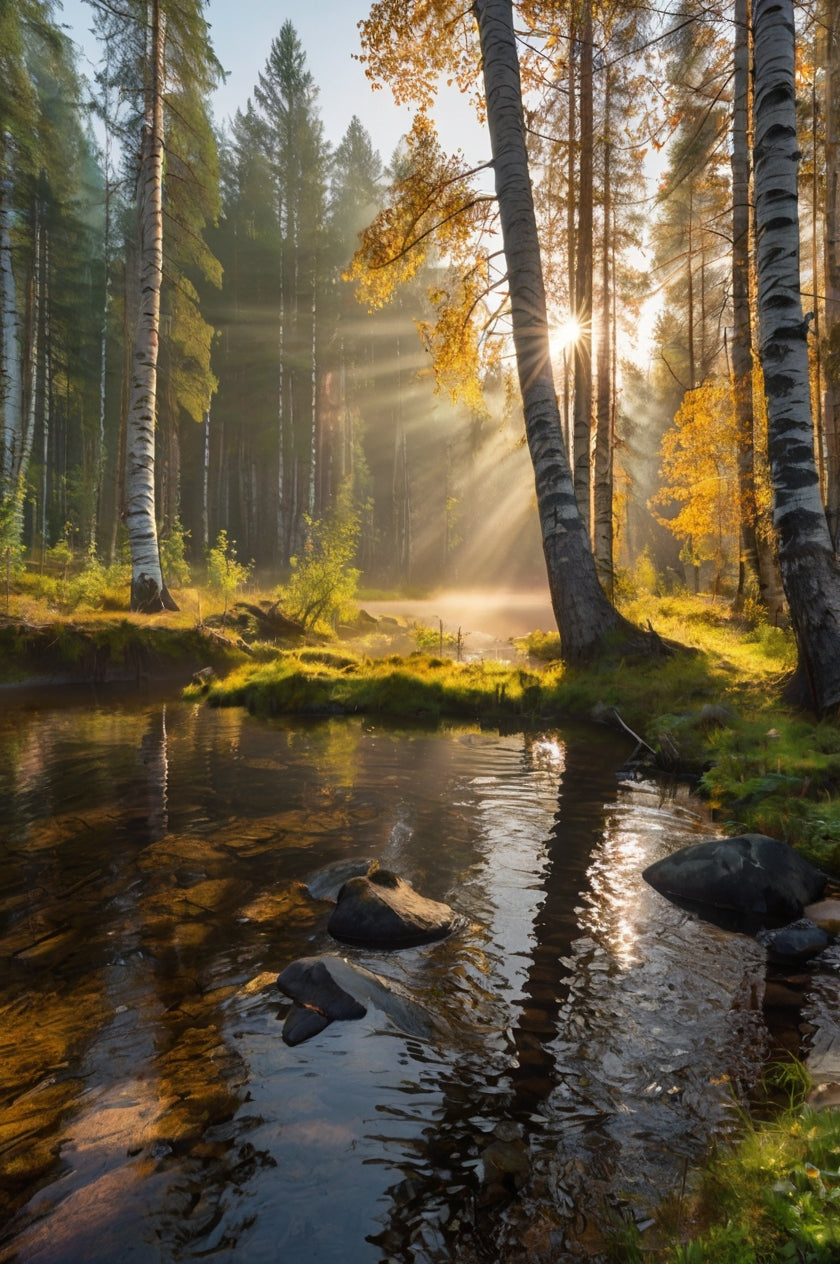 Misty Birch Forest Stream at Dawn My Store