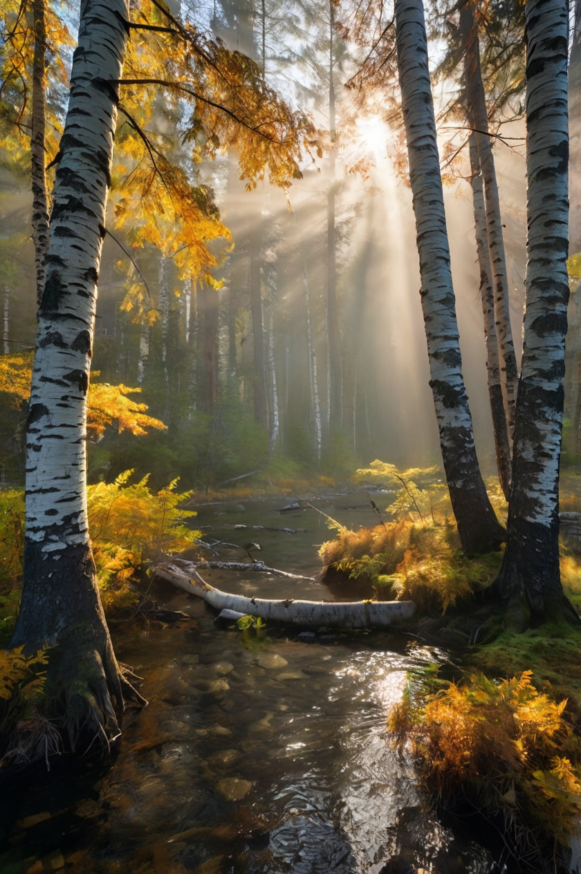 Misty Birch Forest Stream at Dawn My Store