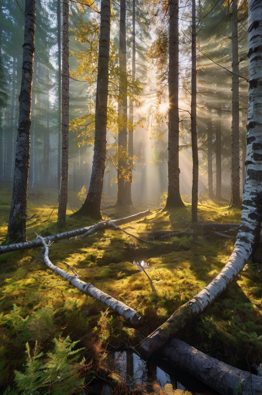Misty Birch Forest Stream at Dawn My Store