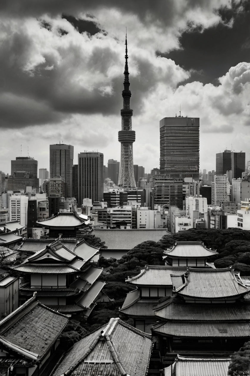 Black & White Tokyo Tower and Traditional Temple View Wall Art