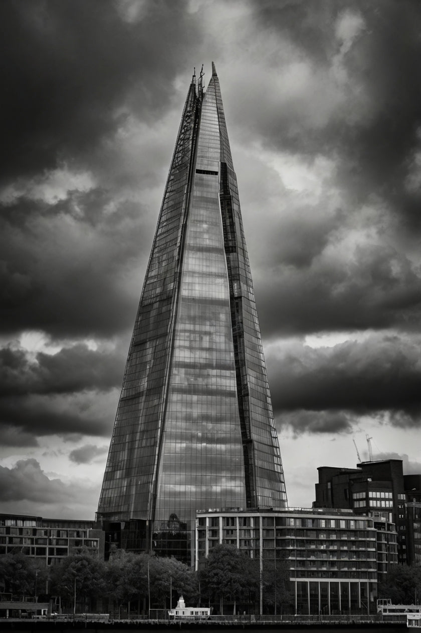 The Shard in Stormlight – Moody Black & White London Skyline Poster