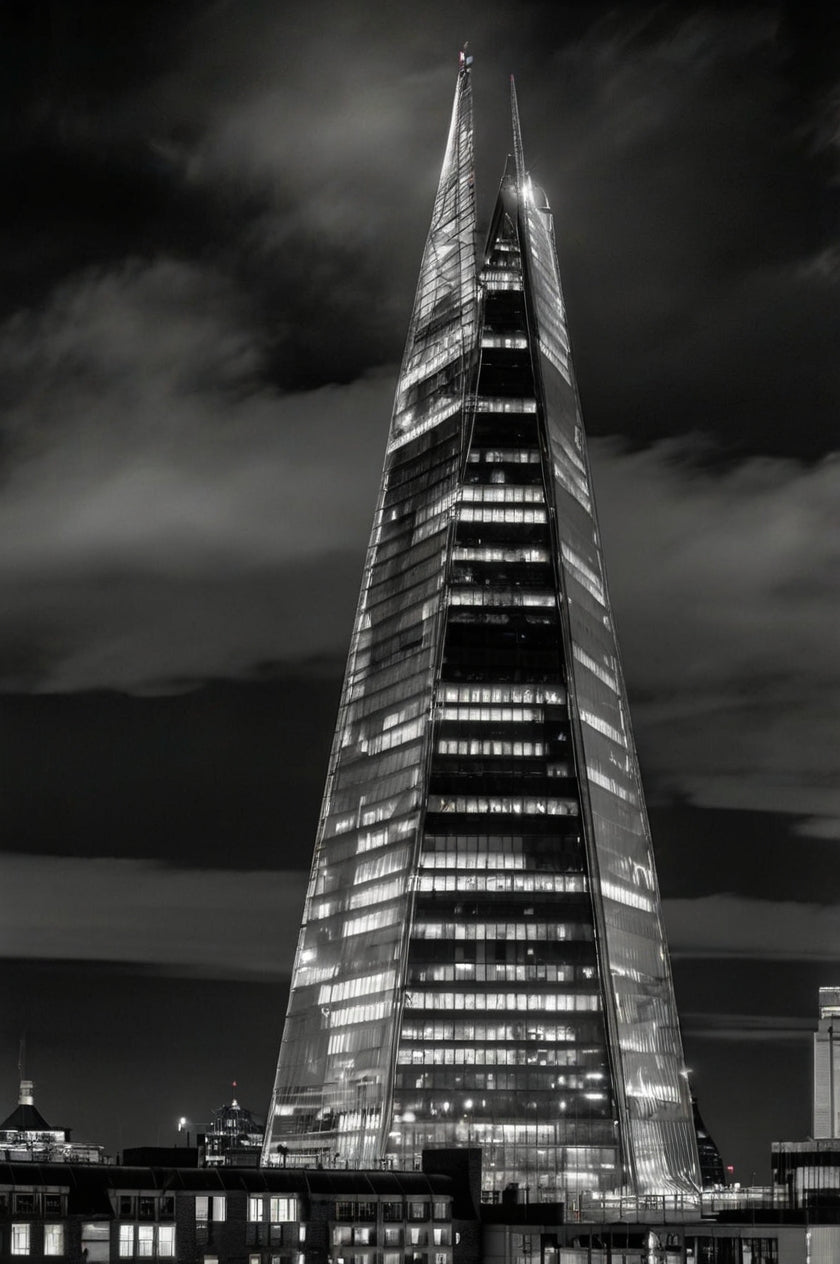 The Shard in Stormlight – Moody Black & White London Skyline Poster
