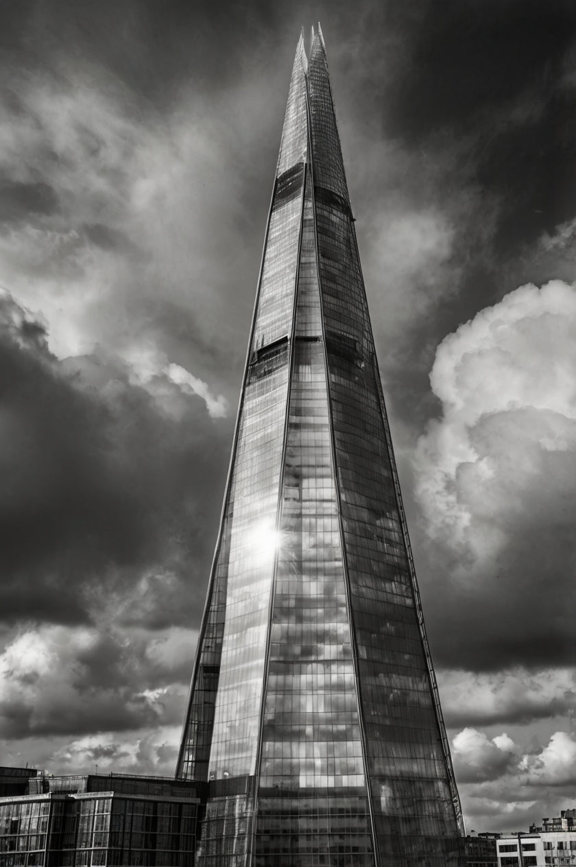 The Shard in Stormlight – Moody Black & White London Skyline Poster
