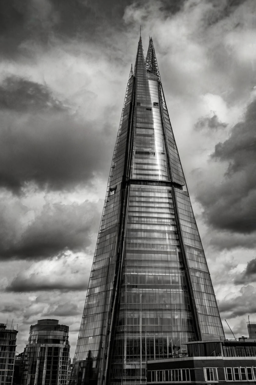 The Shard in Stormlight – Moody Black & White London Skyline Poster