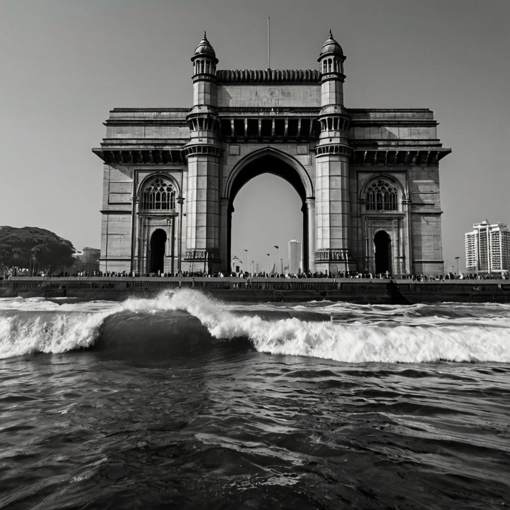 Gateway to Mumbai – Black & White Gateway of India with Crashing Waves Print