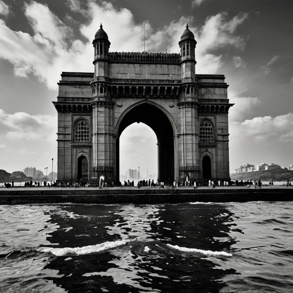 Gateway to Mumbai – Black & White Gateway of India with Crashing Waves Print
