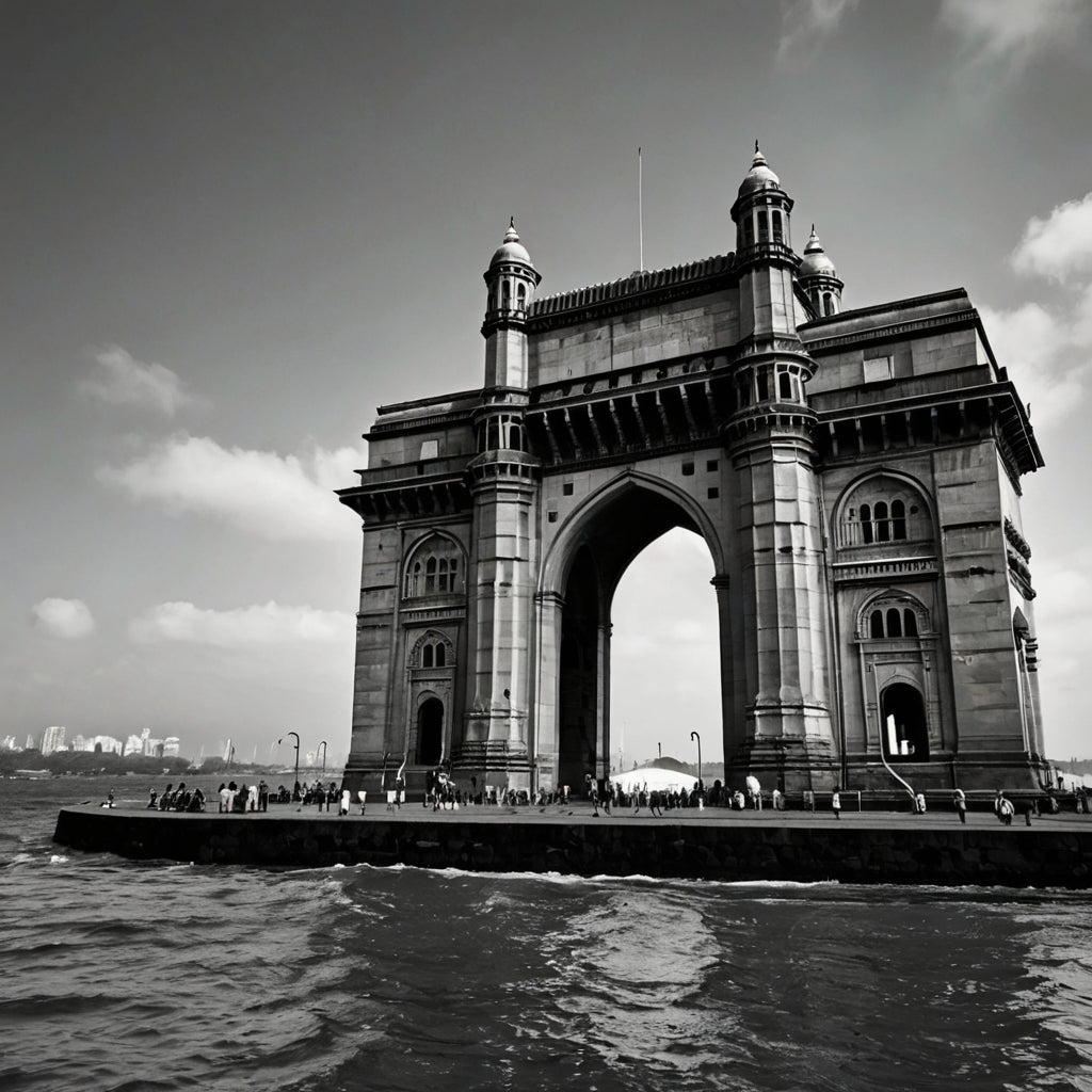Gateway to Mumbai – Black & White Gateway of India with Crashing Waves Print