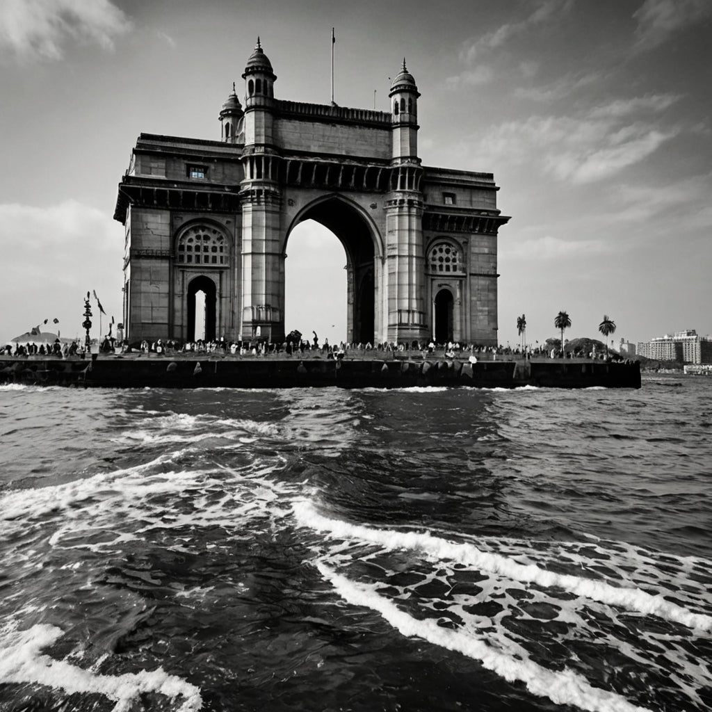 Gateway to Mumbai – Black & White Gateway of India with Crashing Waves Print