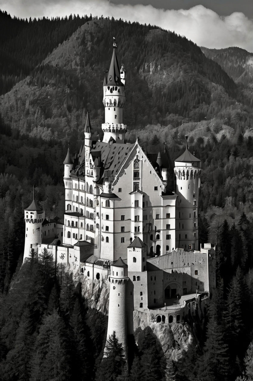 Fairytale Fortress – Monochrome Neuschwanstein Castle Print