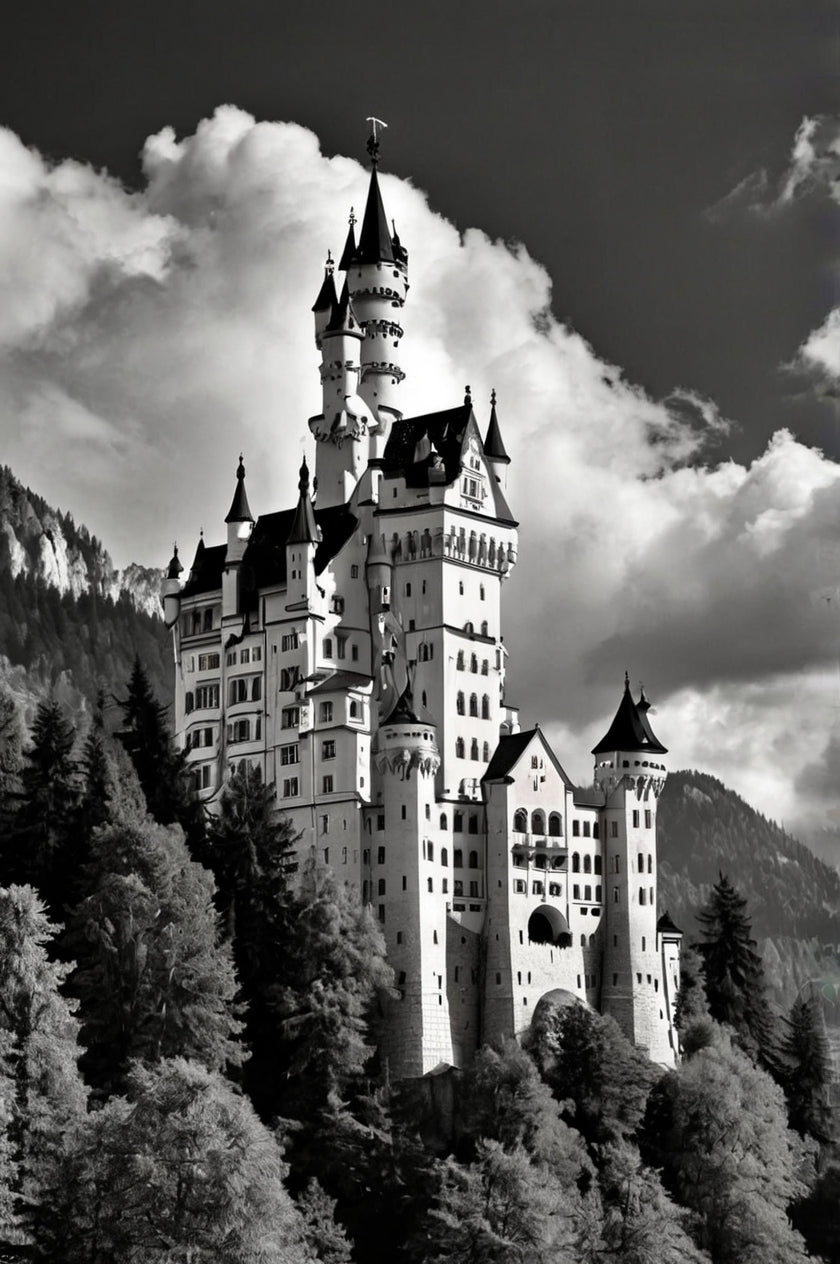 Fairytale Fortress – Monochrome Neuschwanstein Castle Print