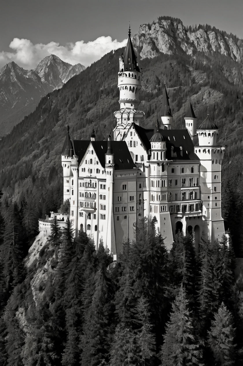 Fairytale Fortress – Monochrome Neuschwanstein Castle Print
