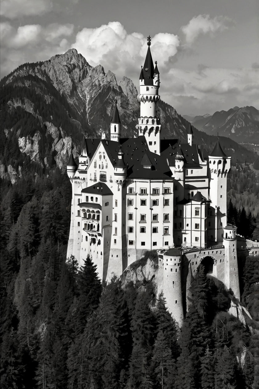 Fairytale Fortress – Monochrome Neuschwanstein Castle Print