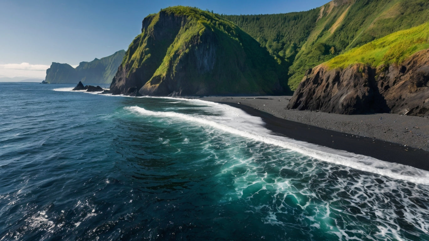 Black Sand Cove with Steep Green Cliffs My Store