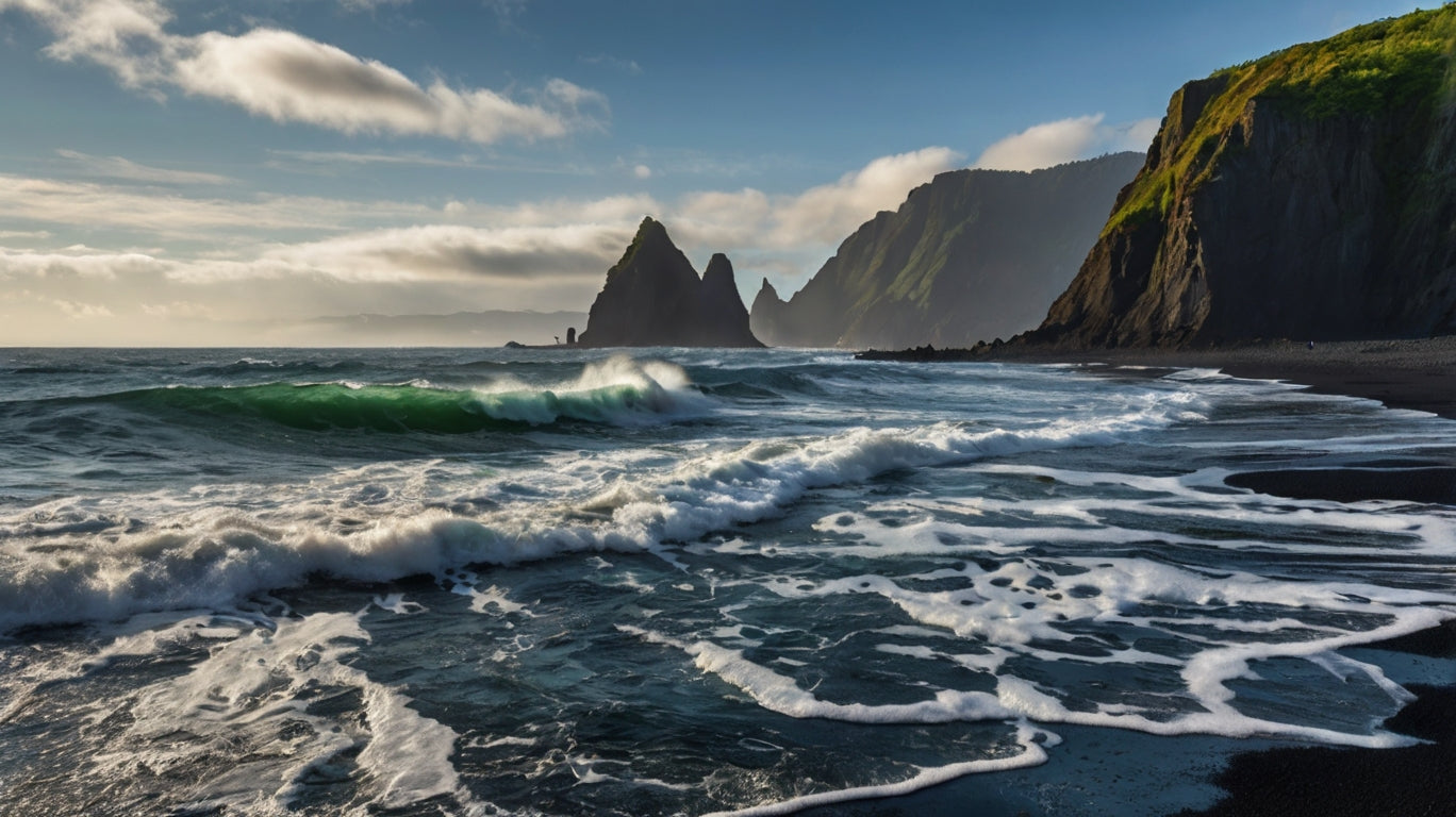Black Sand Cove with Steep Green Cliffs My Store