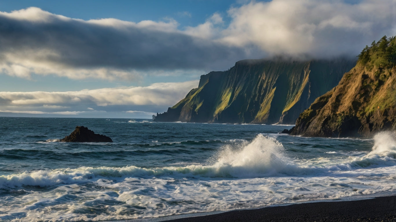 Black Sand Cove with Steep Green Cliffs My Store