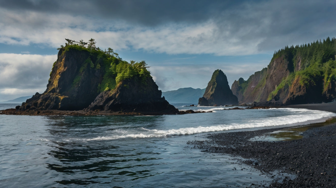 Black Sand Cove with Steep Green Cliffs My Store
