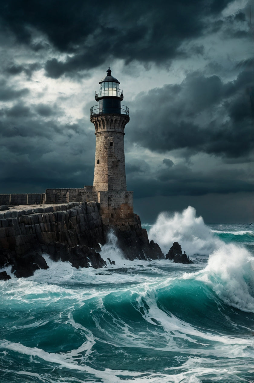 Lighthouse Amid Stormy Ocean Waves My Store