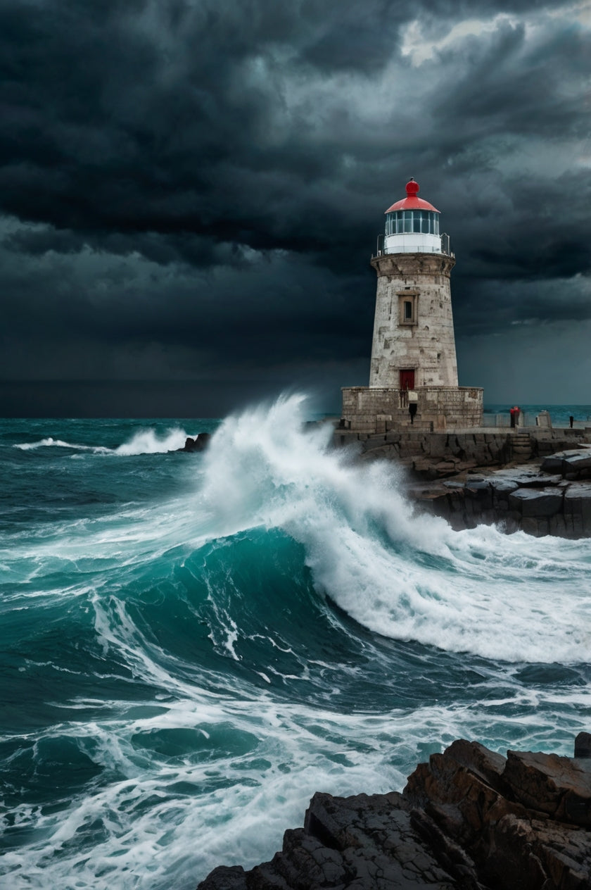 Lighthouse Amid Stormy Ocean Waves My Store