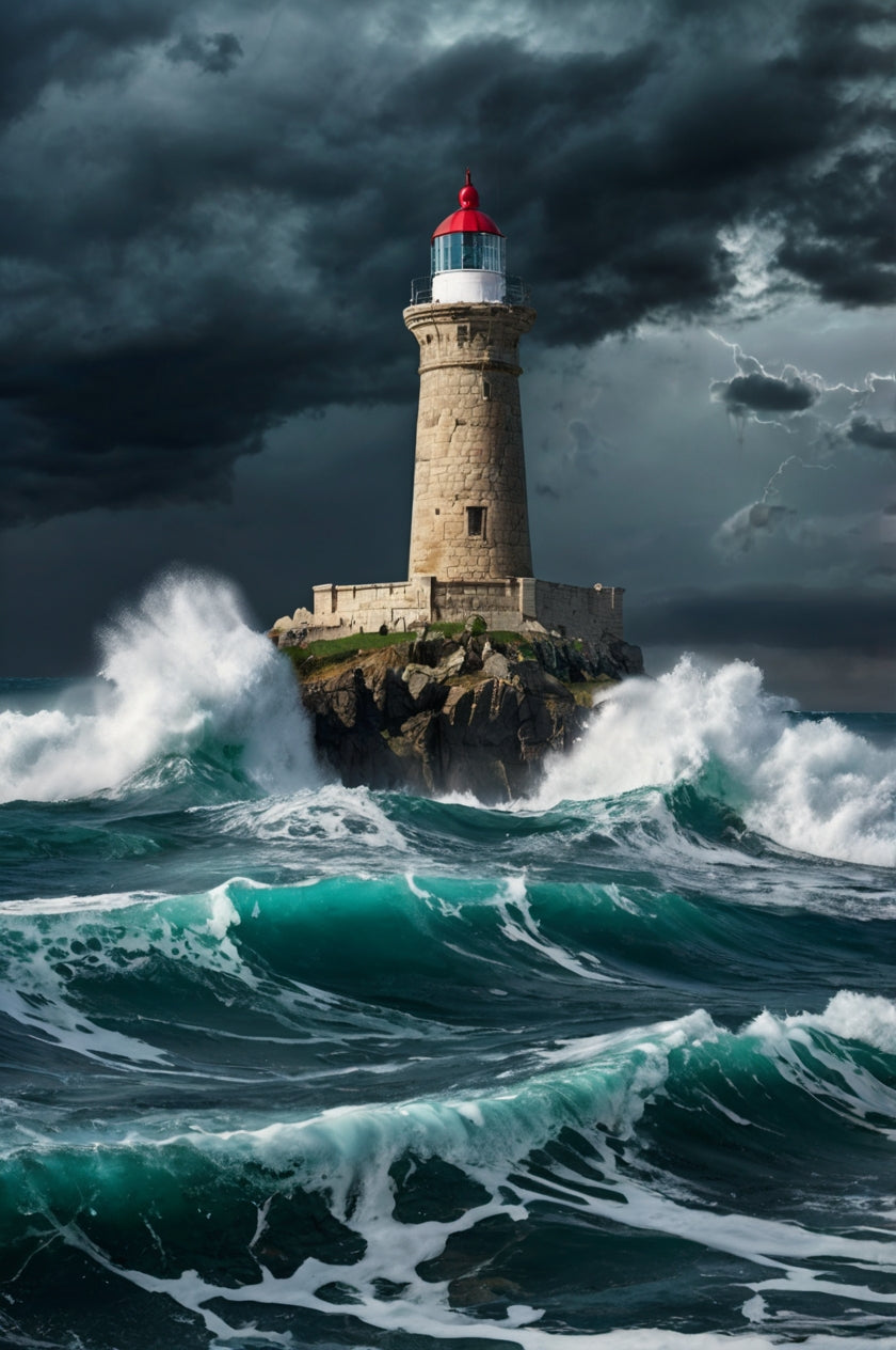 Lighthouse Amid Stormy Ocean Waves My Store