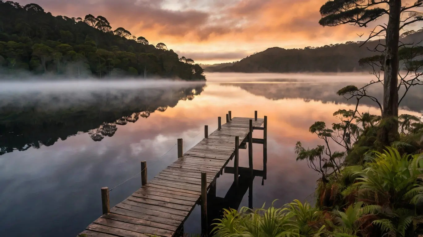 Dawn Pier Reflection: Tranquil Lake Sunrise Photo My Store