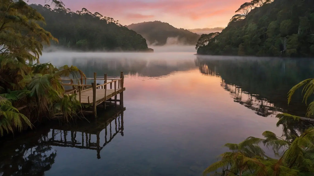 Dawn Pier Reflection: Tranquil Lake Sunrise Photo My Store