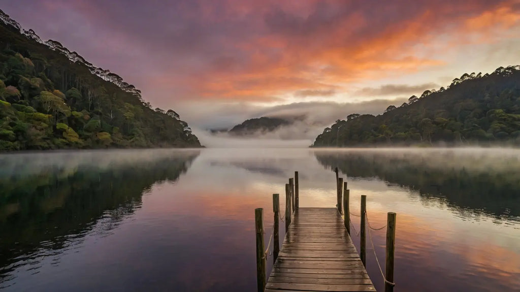 Dawn Pier Reflection: Tranquil Lake Sunrise Photo My Store