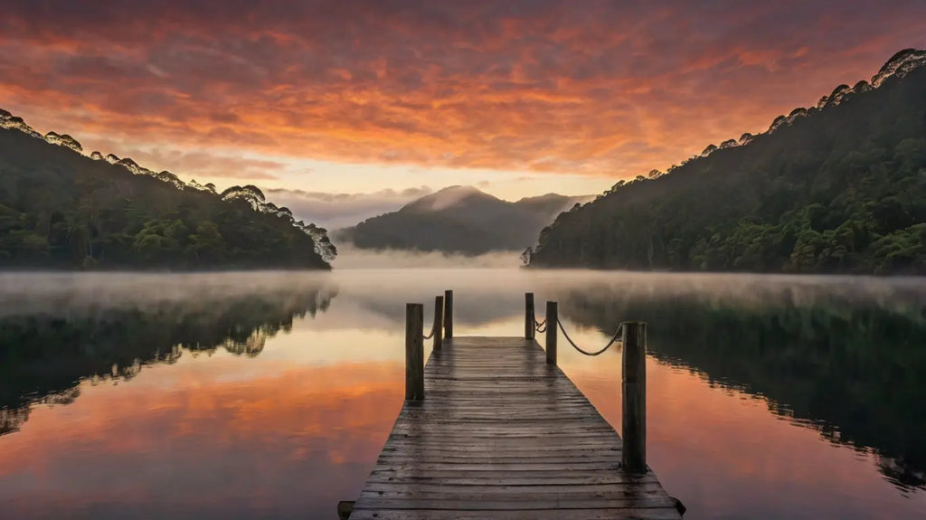 Dawn Pier Reflection: Tranquil Lake Sunrise Photo My Store