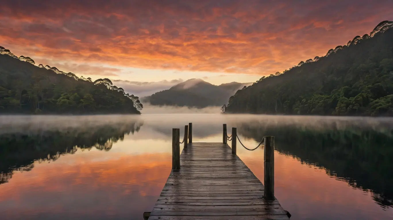 Dawn Pier Reflection: Tranquil Lake Sunrise Photo My Store
