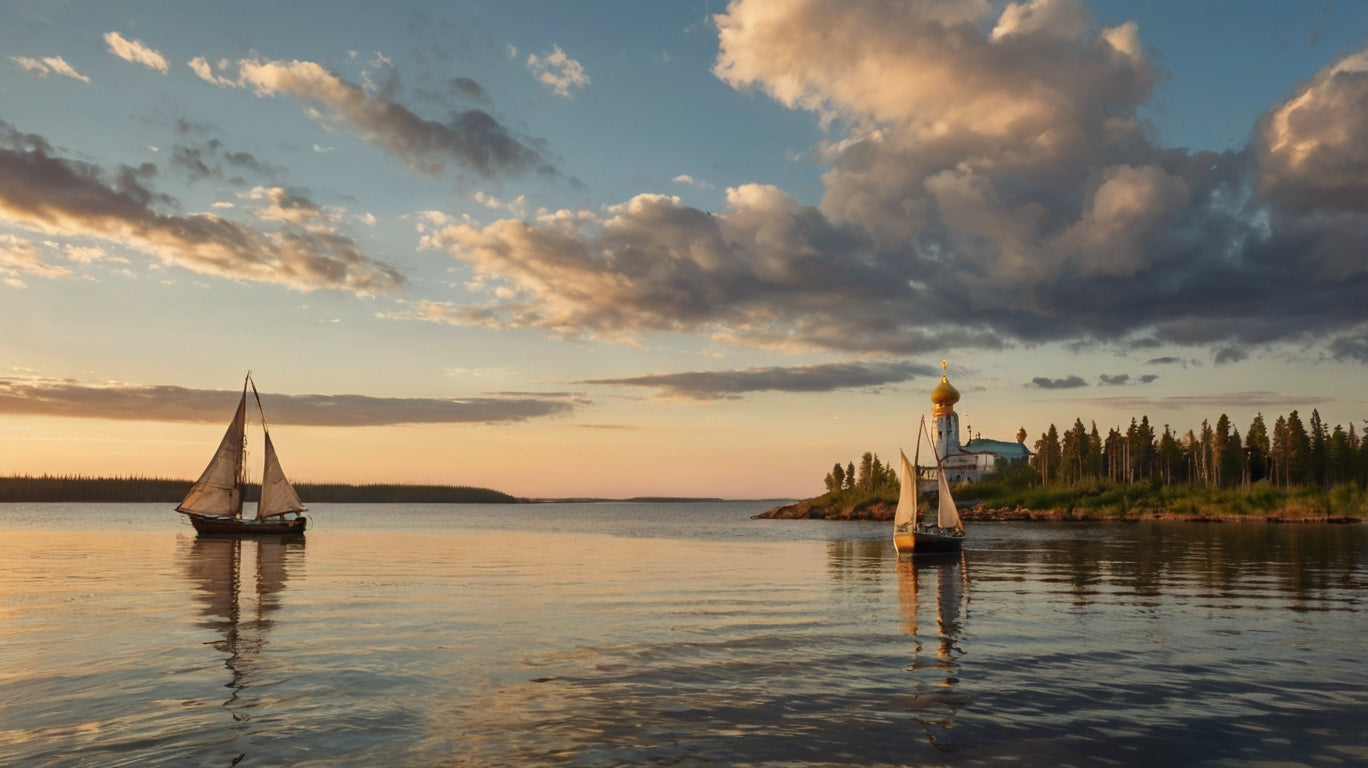Sailboats at Sunset Near Onion-Domed Church My Store