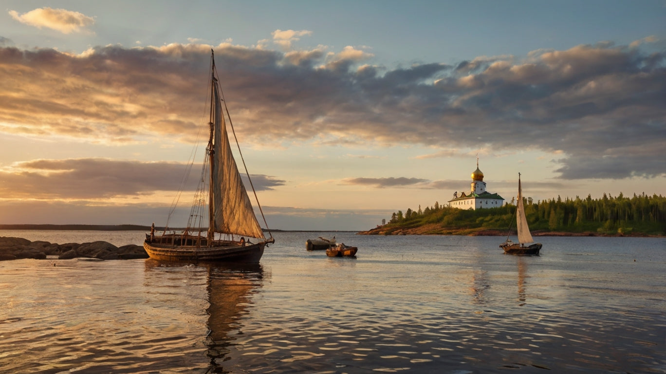 Sailboats at Sunset Near Onion-Domed Church My Store