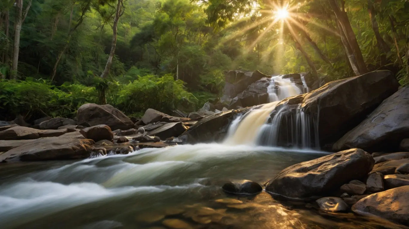 Enchanted Forest Waterfall: Golden Nature Photo My Store