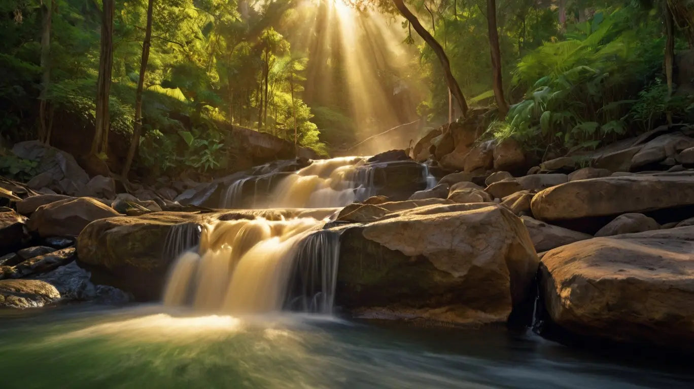 Enchanted Forest Waterfall: Golden Nature Photo My Store