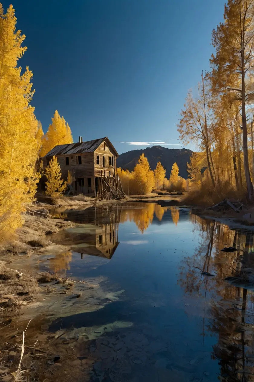 Reflective Lake Ruins: Autumn Serenity Print My Store