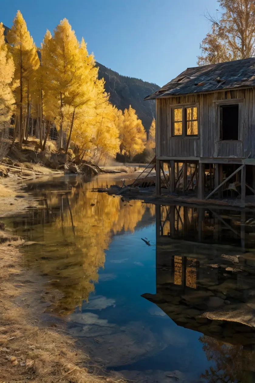 Reflective Lake Ruins: Autumn Serenity Print My Store