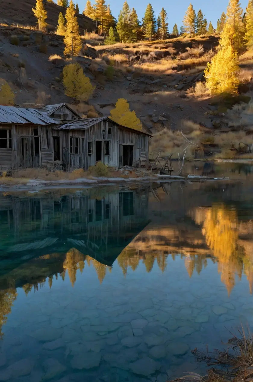 Reflective Lake Ruins: Autumn Serenity Print My Store