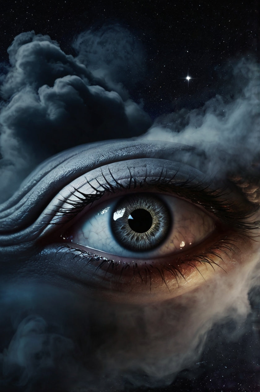 All-Seeing Eye – Surreal Cosmic Eye with Flames Digital Art Print