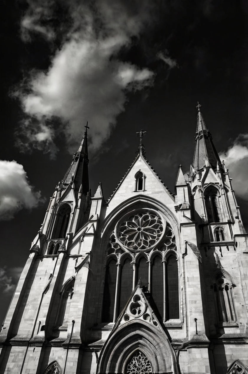 Gothic Majesty – Dramatic Black & White Cathedral Rose Window