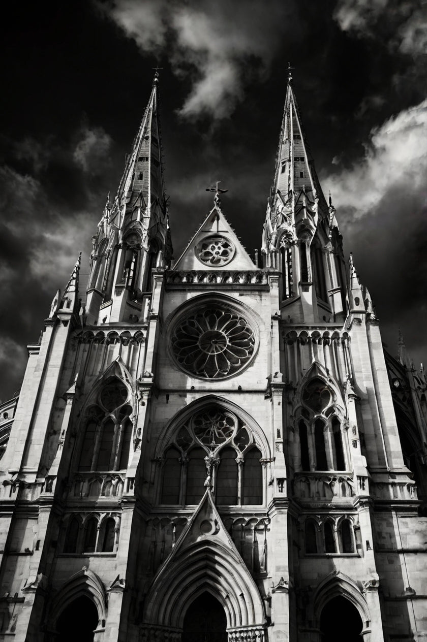 Gothic Majesty – Dramatic Black & White Cathedral Rose Window