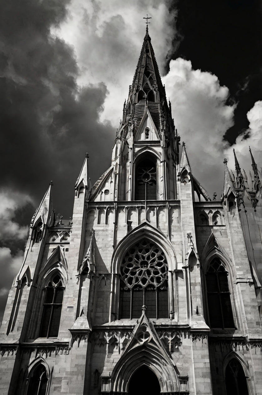 Gothic Majesty – Dramatic Black & White Cathedral Rose Window