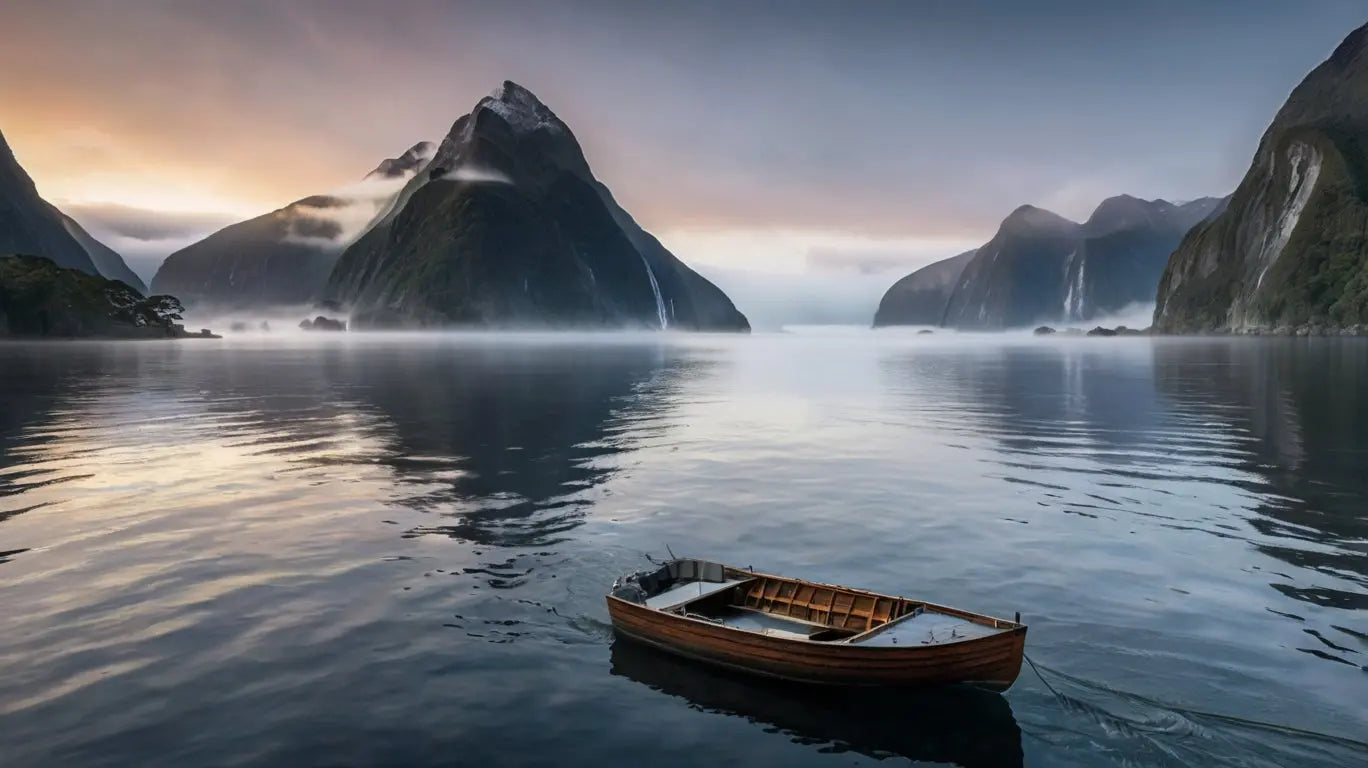 Small boat on a calm lake with misty mountains My Store