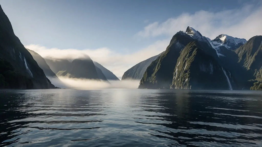 Small boat on a calm lake with misty mountains My Store