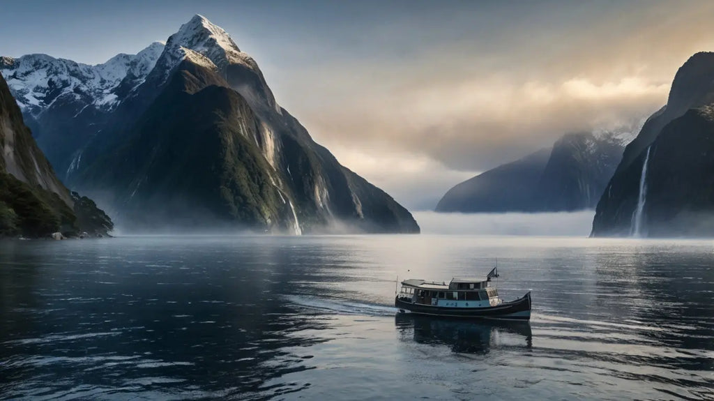 Small boat on a calm lake with misty mountains My Store