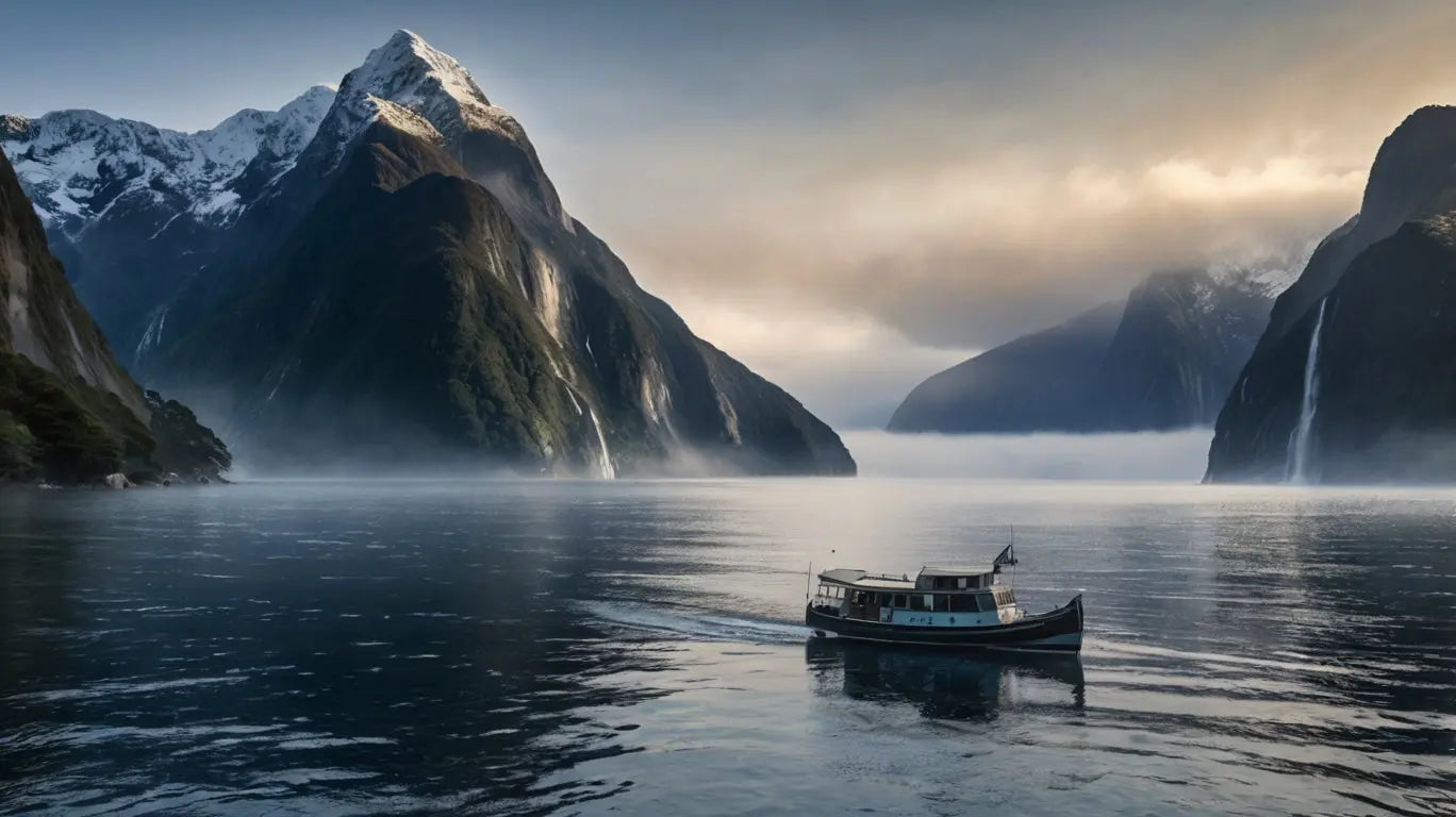 Small boat on a calm lake with misty mountains My Store