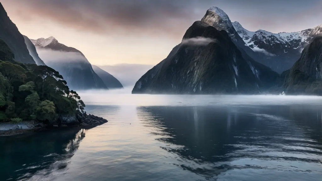 Small boat on a calm lake with misty mountains My Store