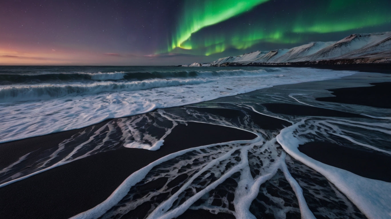 Arctic Fire – Northern Lights Over Iceland Black Sand Beach